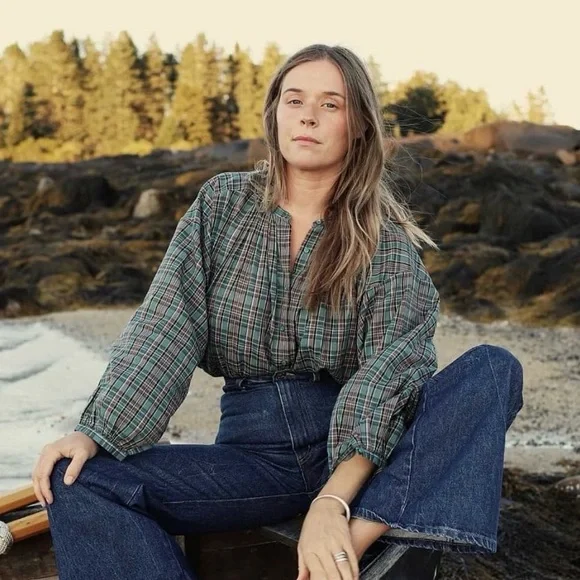 DOEN The Jane Blouse Pond Promenade Plaid 100% Cotton Button Front Blouse Small - Picture 1 of 8